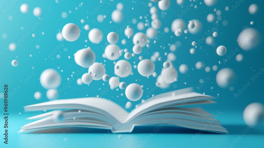 Poster a conceptual 3d-rendered image of an open book with white spheres seemingly floating above it agains