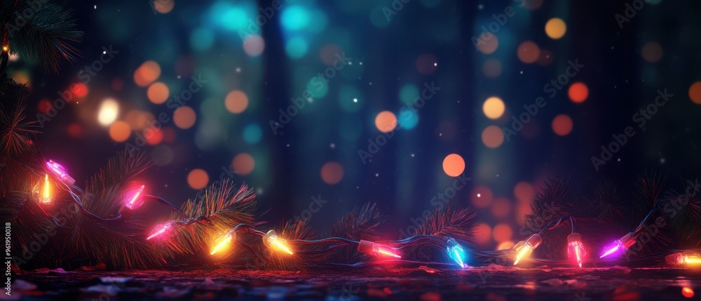 Poster enchanting forest scene filled with colorful lights and vibrant bokeh, creating a magical and whimsi