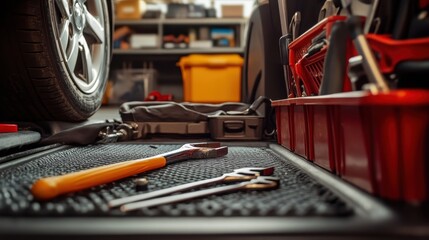 Fototapeta premium Emergency Vehicle Tools Kit with Wheel Spanner and Spade displayed in Car Interior Organizer - Preparedness for Automotive Breakdowns