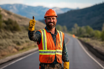 Smiling road construction engineer Thumbs up on country road