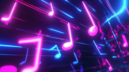 Obraz premium Neon musical notes flowing horizontally in dark space
