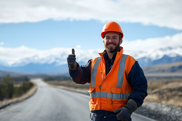 Smiling road construction engineer Thumbs up on country road