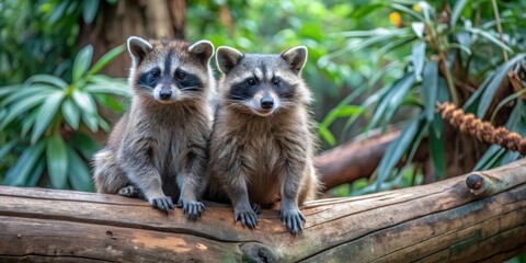 Obraz premium Two raccoons sitting on a log in forest , raccoon, log, wildlife, animals, nature, cute, adorable, furry, forest, outdoors, curious