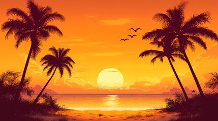 Fototapeta premium Sunset beach with palm tree silhouette. Sunset Beach. Illustration