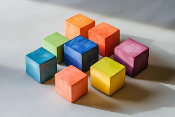 Obraz premium A cluster of multi-colored cubes arranged randomly on a smooth, light gray surface, with soft shadows creating a sense of depth and contrast between the vibrant hues.