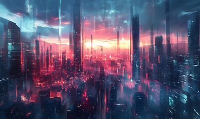 Obraz premium Futuristic Cityscape with Glowing Towers and Red Sky