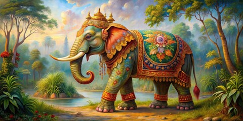 Fototapeta premium Thai style painting of an elephant showcasing beautiful artistry , elephant, painting, Thai style, art, traditional