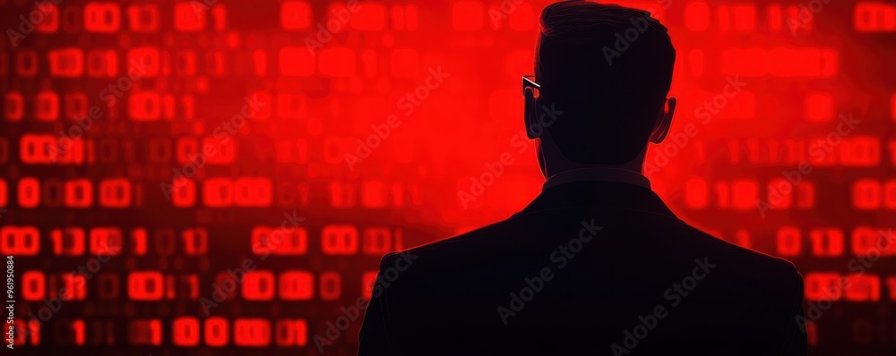 Aufkleber silhouette of a person against a red digital background representing technology and data security th