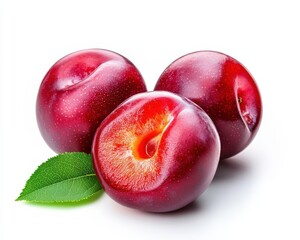 Obraz premium Cherry Plum. Red Plum and Cherry with Green Leaves on White Background, Healthy and Sweet Food