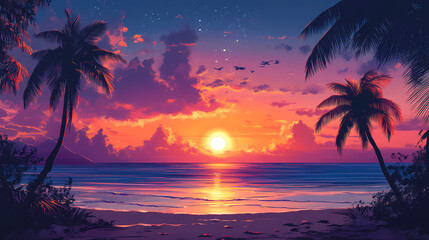 Obraz premium Sunset in the beach relaxing vibes. Sunset Beach. Illustration
