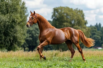 Chestnut Horse in Action: Strong Warmblood Equine Moving in Front of Trees