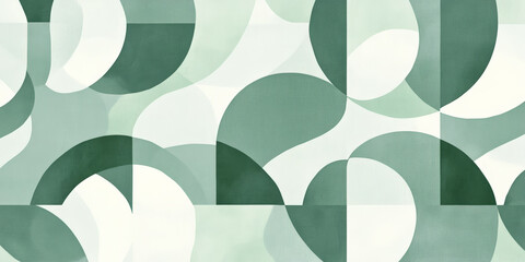 A calming green and white geometric pattern with soft curves and circular shapes for a peaceful, modern abstract design.