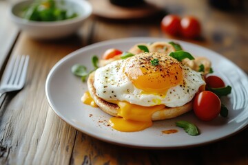 Table with delicious eggs Benedict