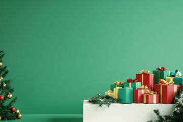 Christmas Gifts and Ornaments on a White Table Against a Green Background
