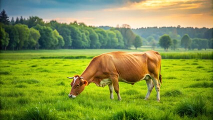 Naklejka premium Cow grazing peacefully in a lush green field, cattle, agriculture, farm, grazing, livestock, mammal, rural, countryside, meadow