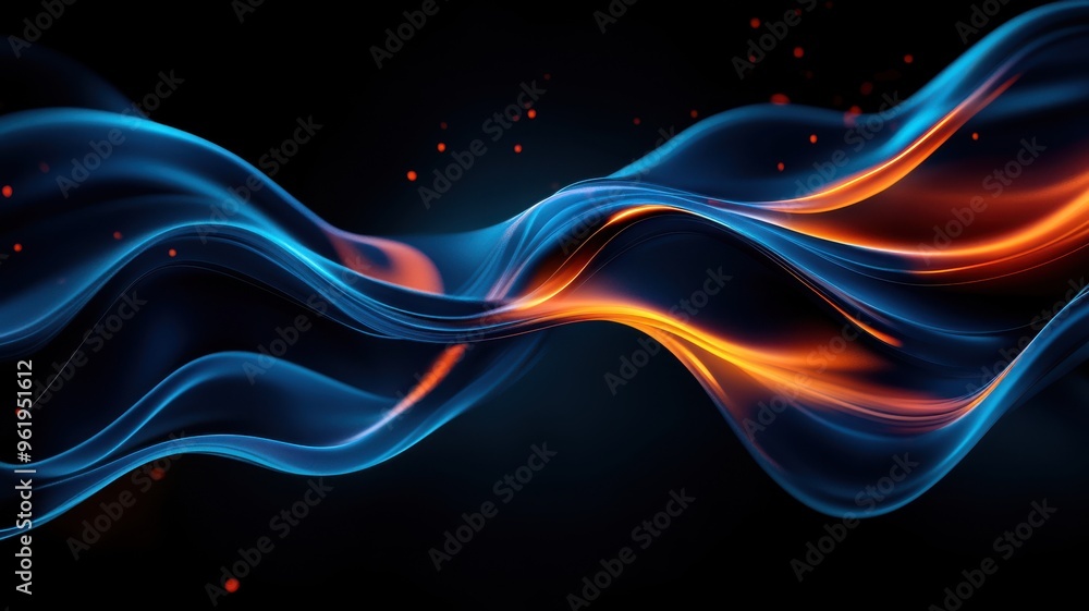 Poster vibrant abstract design featuring flowing waves of blue and orange against a dark background, creati
