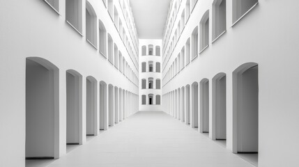 Obraz premium A minimalist hallway featuring clean lines and bright white walls, creating an open and airy atmosphere perfect for modern architecture.
