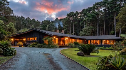 A serene modern house nestled in a lush forest landscape at dusk.