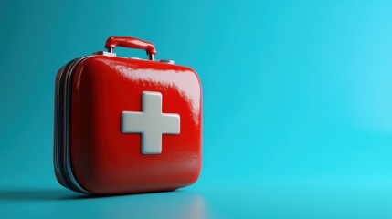 Obraz premium Emergency Preparedness - 3D Red First Aid Kit Toy on Blue Background with Copy Space for Healthcare Conceptual Design