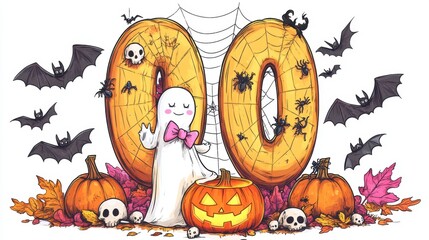 Illustration of numbers on a white background with Halloween illustrations. Cute style with pumpkins, spiders, skulls, and more.