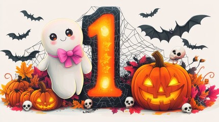 Illustration of numbers on a white background with Halloween illustrations. Cute style with pumpkins, spiders, skulls, and more.