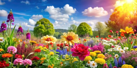 Fototapeta premium Colorful landscape with a variety of vibrant flowers blooming, blooms, petals, garden, meadow, plants, botany, nature