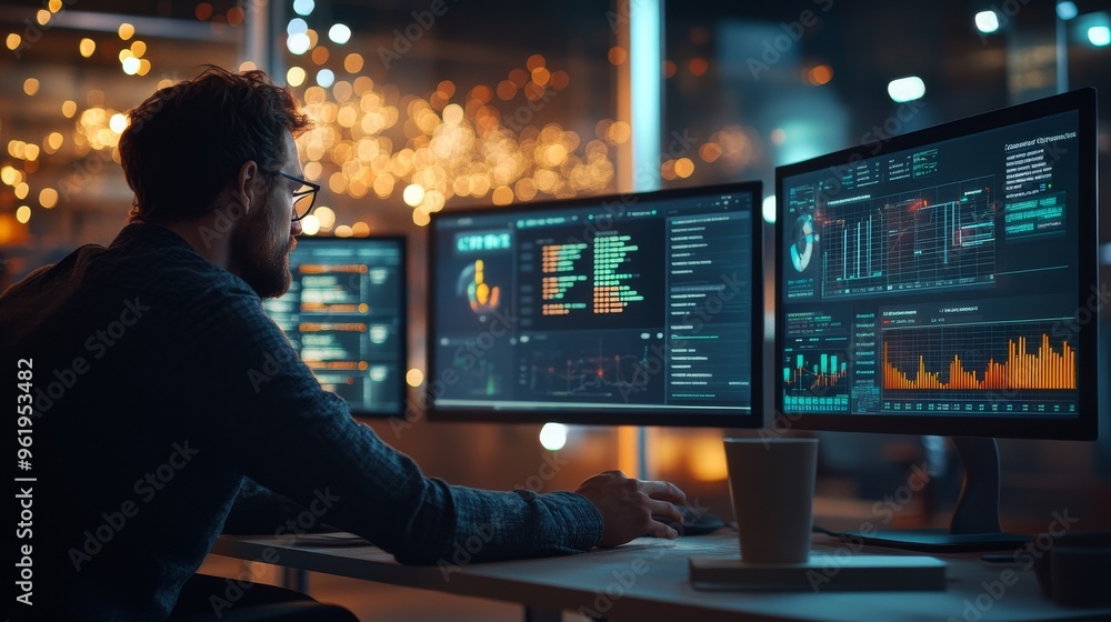 Poster programmer working late at night.