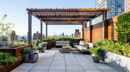 Minimalist style outdoor roof terrace with pergola and potted plants AI generated image