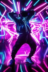 Person dancing in neon tunnel with glowing outlines