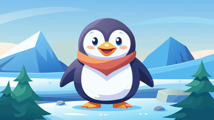 Drawing of a funny cartoon penguin against the backdrop of Antarctica