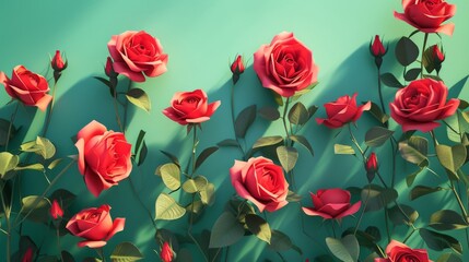 Vibrant red roses are beautifully arranged against a teal backdrop, casting long shadows that add depth to the image. The contrasting colors and lighting emphasize the elegance and natural beauty of