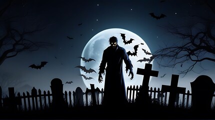 halloween banner featuring zombie rising graveyard spooky night full moon bats tree