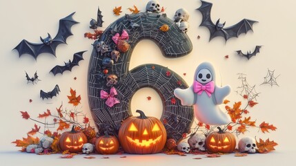 Illustration of numbers on a white background with Halloween illustrations. Cute style with pumpkins, spiders, skulls, and more.