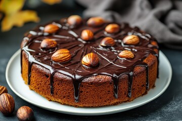 Tasty chestnut cake with almonds and chocolate icing