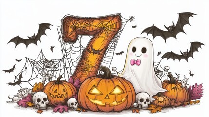 Illustration of numbers on a white background with Halloween illustrations. Cute style with pumpkins, spiders, skulls, and more.