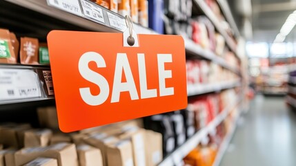 Bright sale sign hanging in a retail store, emphasizing discounts and promotions for shoppers seeking great deals.