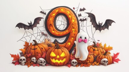 Illustration of numbers on a white background with Halloween illustrations. Cute style with pumpkins, spiders, skulls, and more.