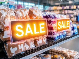 Bright sale signs in a retail store with colorful products on display, creating an inviting shopping atmosphere.