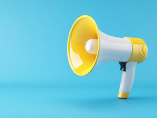 A vibrant yellow and white megaphone against a blue background, perfect for conveying messages or announcements creatively.