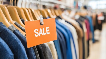 Bright sale sign hanging among stylish clothes in a retail store, attracting shoppers with great offers and trendy selections.