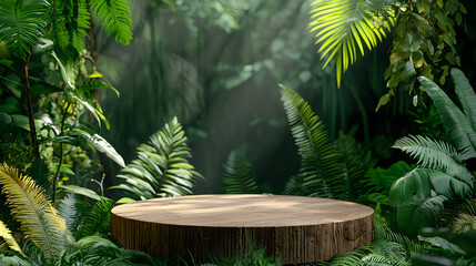 wooden podium with lush green ferns and tropical jungle theme, Pedestal stage for eco-friendly product presentation