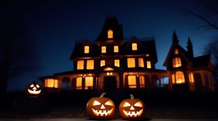 eerie halloween scene illuminated pumpkins front haunted house perfect halloween decorations themed events holiday promotions copy space