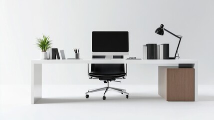 Modern White Office Desk with Black Chair and Desk Lamp.