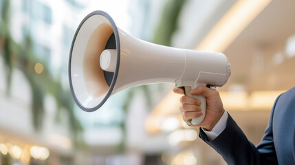 A person in a suit holding a megaphone, conveying a message in a modern indoor setting.