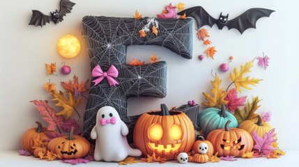 Illustration of letters, white background decorated with Halloween-themed objects. Cute style includes pumpkins, spiders, skulls, and many more.
