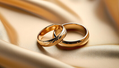  Golden wedding ring on beige silk fabric, symbolizing love and commitment. _1(568)