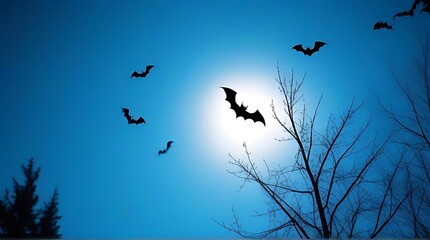 eerie silhouettes halloween night bats haunting blue sky framed shadowy branches
