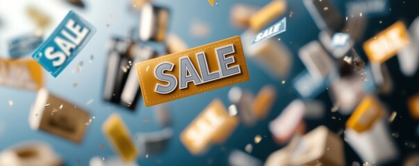 Dynamic image of colorful sale tags floating in the air, representing excitement and savings during shopping events.
