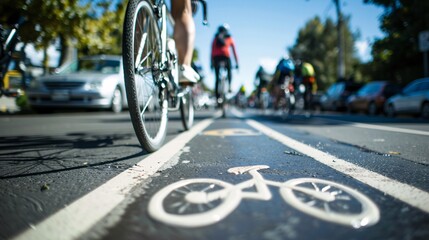 Bicycle lane with cyclists commuting