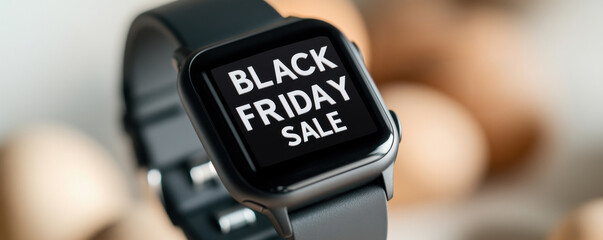 Fototapeta premium Stylish smartwatch displaying a Black Friday sale, perfect for tech promotions and holiday marketing materials.